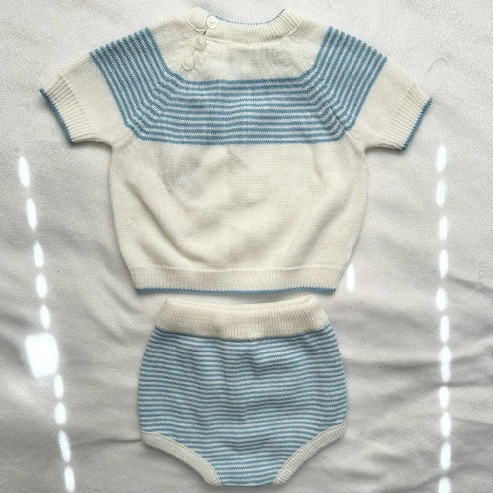Vintage Miniatures in Fashion 2pc Set Baby Boy Knit Ship Outfit 0-3M Blue Ivory